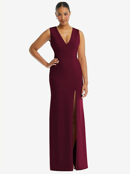 【NEW】【STYLE: TH111】ディープ Vネック 閉じた 背面 クレープ トランペット ガウン 前面 スリット【COLOR: Cabernet】【SIZE: 00-30W】