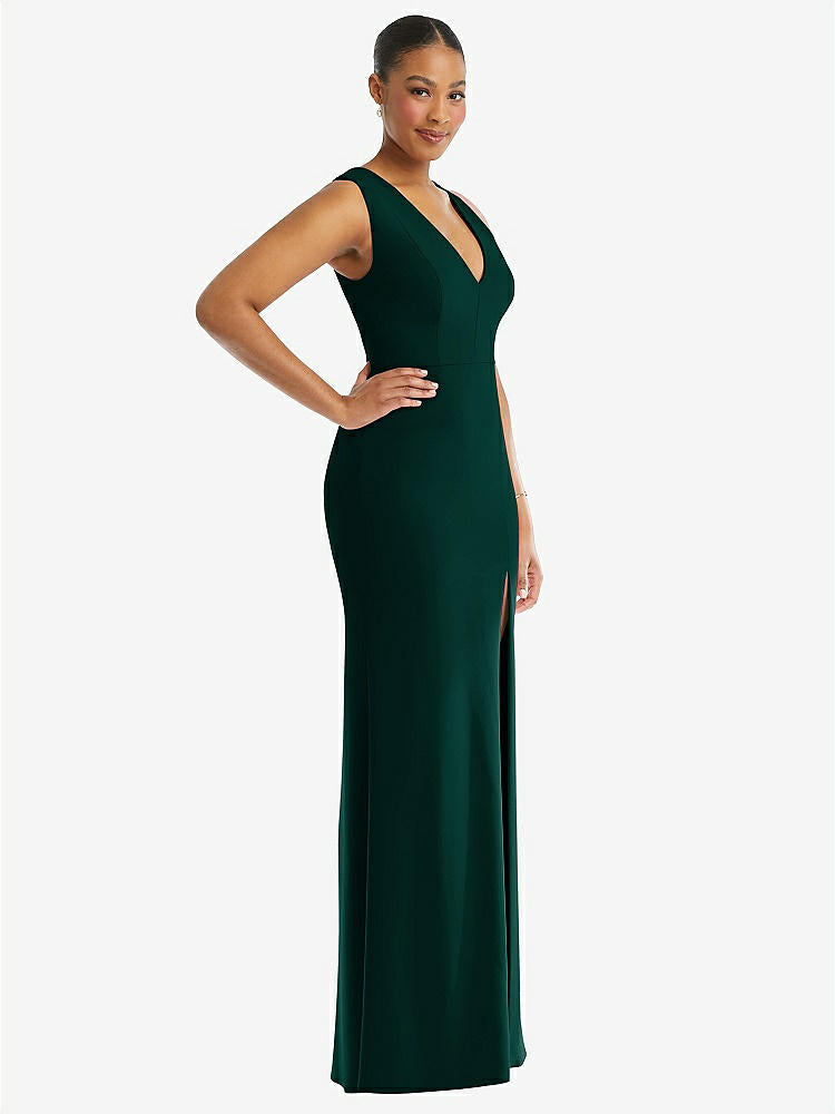 【NEW】【STYLE: TH111】ディープ Vネック 閉じた 背面 クレープ トランペット ガウン 前面 スリット【COLOR: Evergreen】【SIZE: 00-30W】