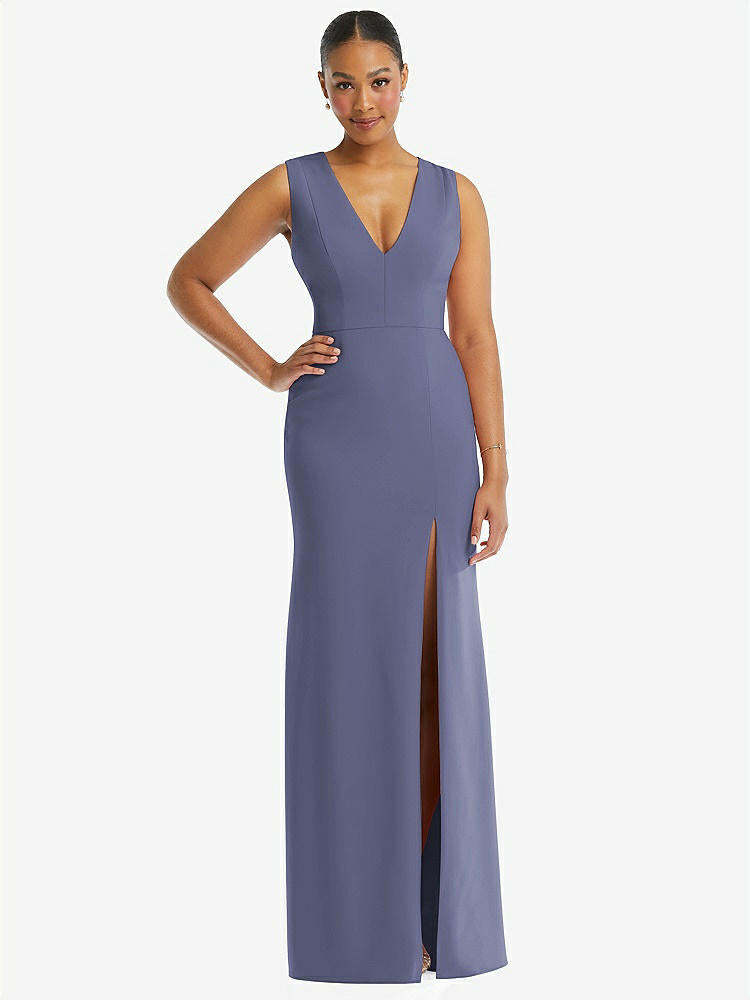 【NEW】【STYLE: TH111】ディープ Vネック 閉じた 背面 クレープ トランペット ガウン 前面 スリット【COLOR: French Blue】【SIZE: 00-30W】