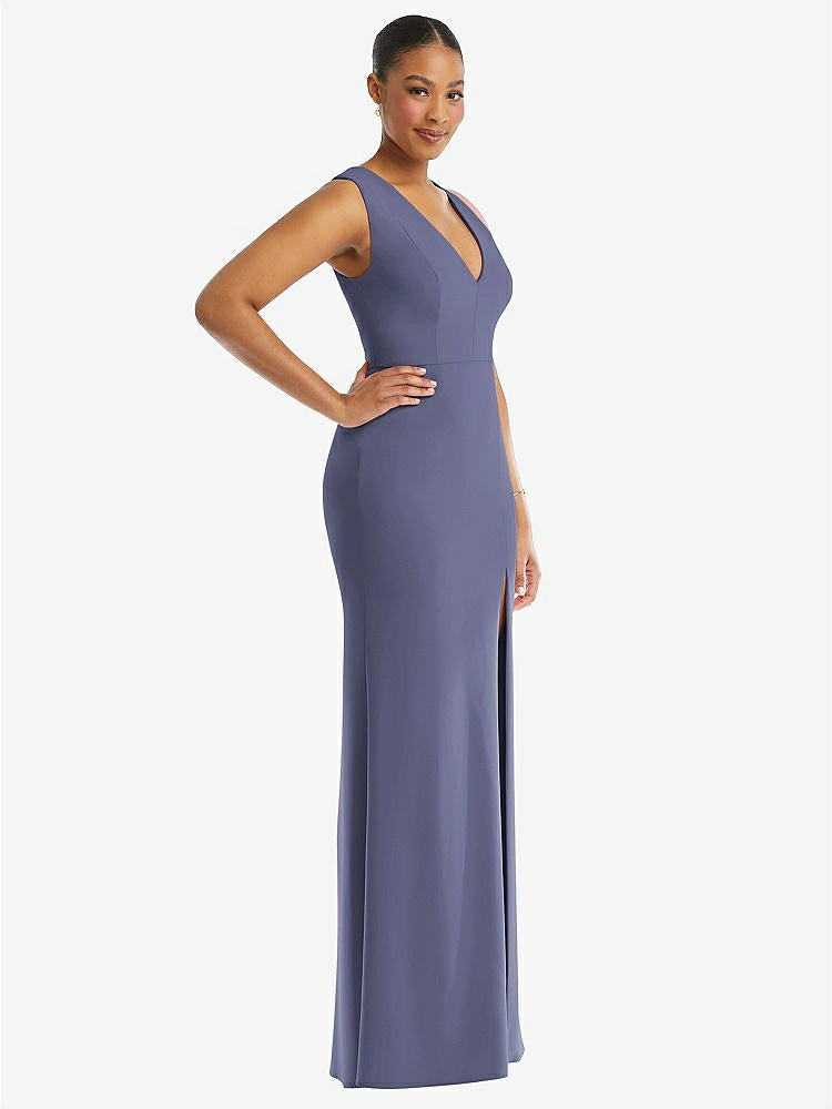 【NEW】【STYLE: TH111】ディープ Vネック 閉じた 背面 クレープ トランペット ガウン 前面 スリット【COLOR: French Blue】【SIZE: 00-30W】
