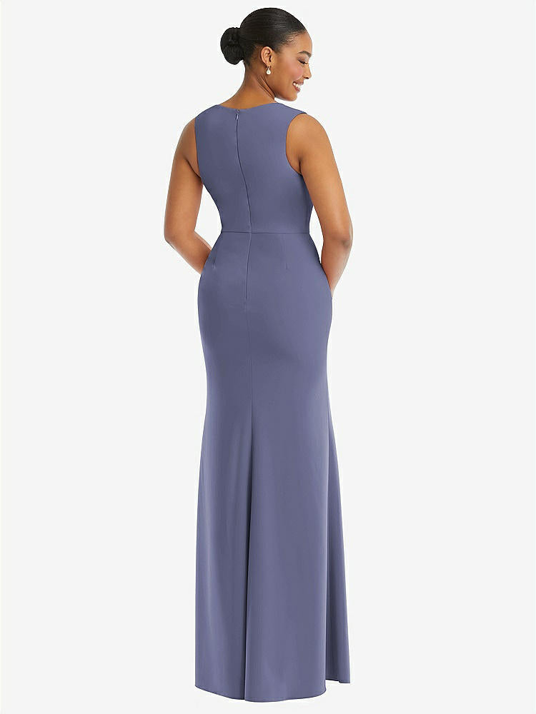 【NEW】【STYLE: TH111】ディープ Vネック 閉じた 背面 クレープ トランペット ガウン 前面 スリット【COLOR: French Blue】【SIZE: 00-30W】