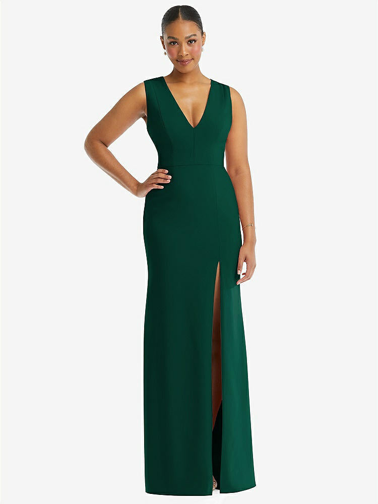 【NEW】【STYLE: TH111】ディープ Vネック 閉じた 背面 クレープ トランペット ガウン 前面 スリット【COLOR: Hunter Green】【SIZE: 00-30W】