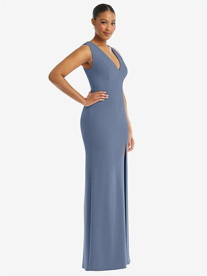 【NEW】【STYLE: TH111】ディープ Vネック 閉じた 背面 クレープ トランペット ガウン 前面 スリット【COLOR: Larkspur Blue】【SIZE: 00-30W】