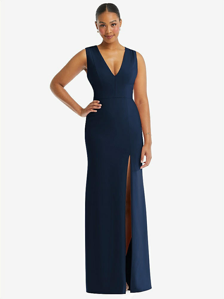 【NEW】【STYLE: TH111】ディープ Vネック 閉じた 背面 クレープ トランペット ガウン 前面 スリット【COLOR: Midnight Navy】【SIZE: 00-30W】