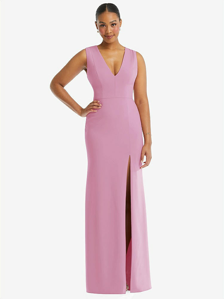 【NEW】【STYLE: TH111】ディープ Vネック 閉じた 背面 クレープ トランペット ガウン 前面 スリット【COLOR: Powder Pink】【SIZE: 00-30W】
