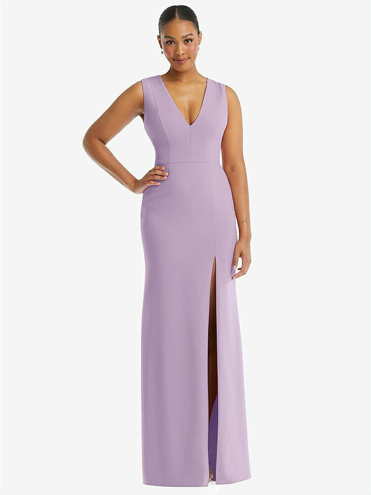 【NEW】【STYLE: TH111】ディープ Vネック 閉じた 背面 クレープ トランペット ガウン 前面 スリット【COLOR: Pale Purple】【SIZE: 00-30W】