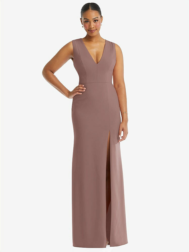 【STYLE: TH111】Deep V-Neck Closed Back Crepe Trumpet Gown with Front Slit【COLOR: Sienna】