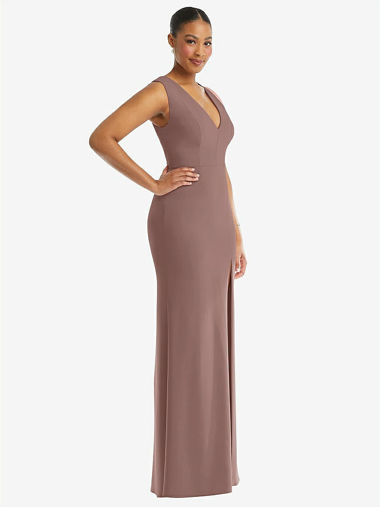 【STYLE: TH111】Deep V-Neck Closed Back Crepe Trumpet Gown with Front Slit【COLOR: Sienna】