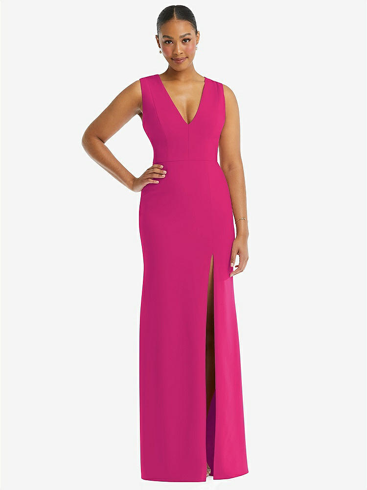 【NEW】【STYLE: TH111】ディープ Vネック 閉じた 背面 クレープ トランペット ガウン 前面 スリット【COLOR: Think Pink】【SIZE: 00-30W】