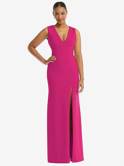 【NEW】【STYLE: TH111】ディープ Vネック 閉じた 背面 クレープ トランペット ガウン 前面 スリット【COLOR: Think Pink】【SIZE: 00-30W】