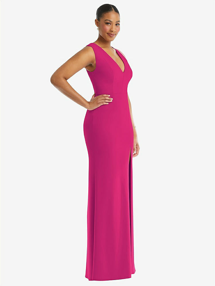 【NEW】【STYLE: TH111】ディープ Vネック 閉じた 背面 クレープ トランペット ガウン 前面 スリット【COLOR: Think Pink】【SIZE: 00-30W】