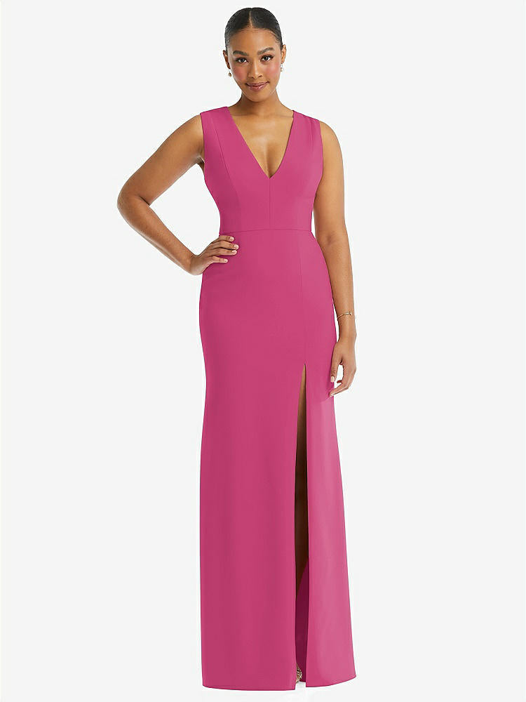 【NEW】【STYLE: TH111】ディープ Vネック 閉じた 背面 クレープ トランペット ガウン 前面 スリット【COLOR: Tea Rose】【SIZE: 00-30W】