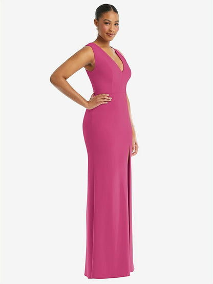 【NEW】【STYLE: TH111】ディープ Vネック 閉じた 背面 クレープ トランペット ガウン 前面 スリット【COLOR: Tea Rose】【SIZE: 00-30W】