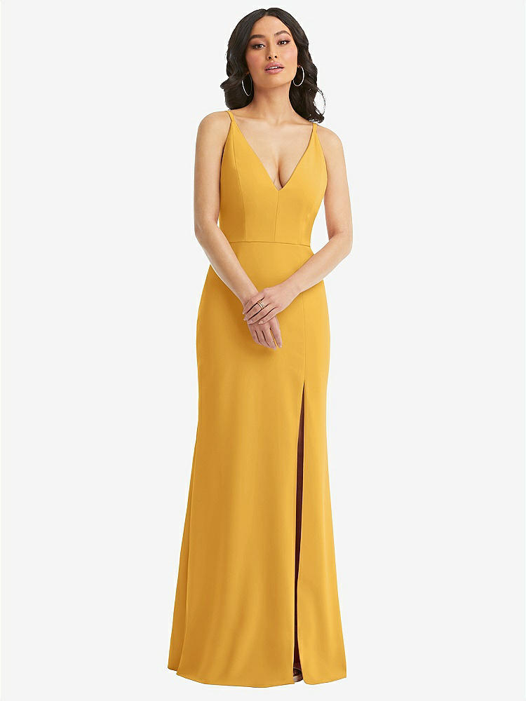 【NEW】【STYLE: TH112】スキニー ストラップ 深い Vネック クレープ トランペット ガウン フロント スリット【COLOR: NYC Yellow】【SIZE: 00-30W】