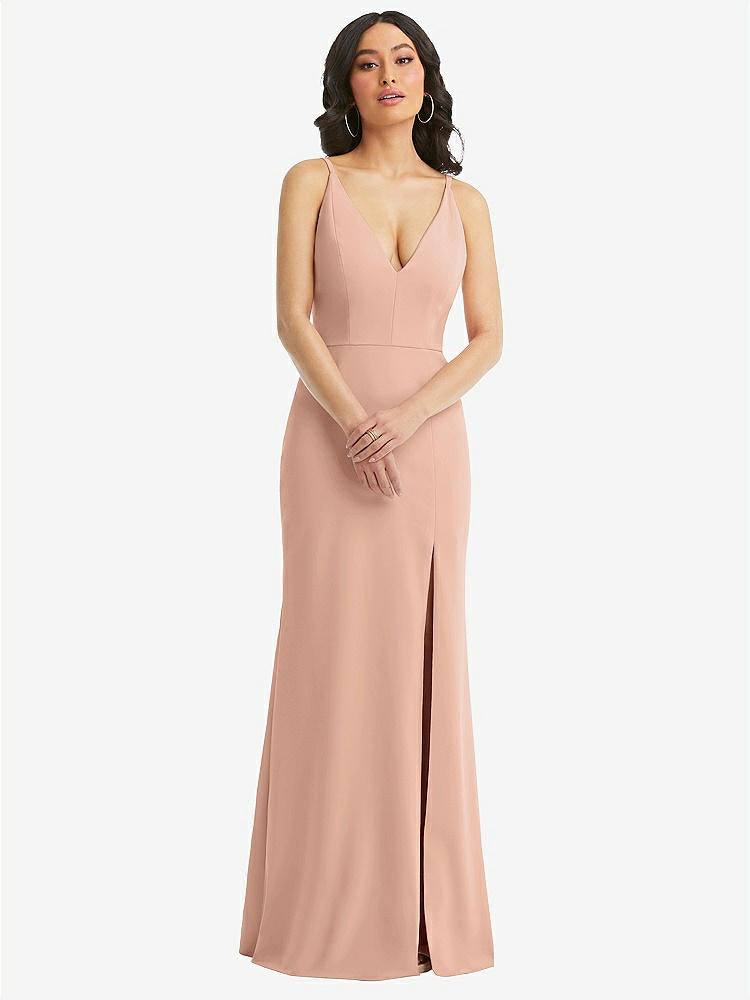 【NEW】【STYLE: TH112】スキニー ストラップ 深い Vネック クレープ トランペット ガウン フロント スリット【COLOR: Pale Peach】【SIZE: 00-30W】