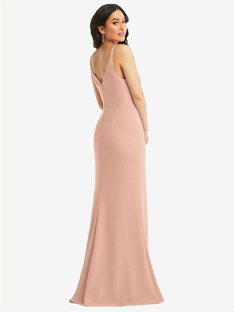 【NEW】【STYLE: TH112】スキニー ストラップ 深い Vネック クレープ トランペット ガウン フロント スリット【COLOR: Pale Peach】【SIZE: 00-30W】