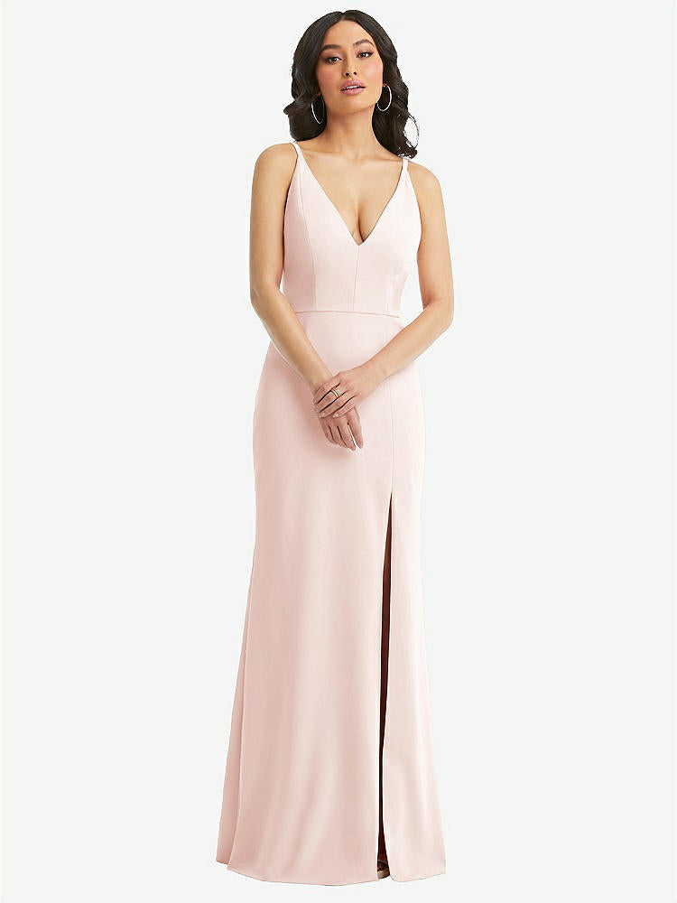 【NEW】【STYLE: TH112】スキニー ストラップ 深い Vネック クレープ トランペット ガウン フロント スリット【COLOR: Blush】【SIZE: 00-30W】