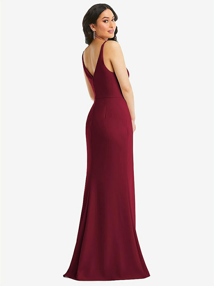 【NEW】【STYLE: TH112】スキニー ストラップ 深い Vネック クレープ トランペット ガウン フロント スリット【COLOR: Burgundy】【SIZE: 00-30W】