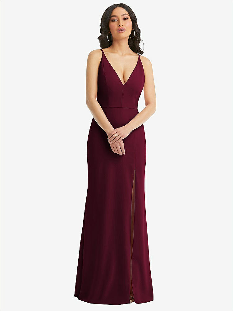 【NEW】【STYLE: TH112】スキニー ストラップ 深い Vネック クレープ トランペット ガウン フロント スリット【COLOR: Cabernet】【SIZE: 00-30W】
