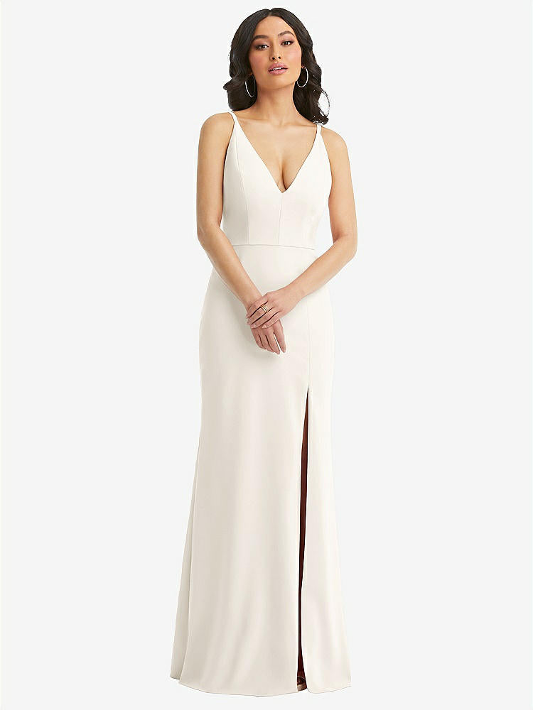 【STYLE: TH112】Skinny Strap Deep V-Neck Crepe Trumpet Gown with Front Slit【COLOR: Ivory】