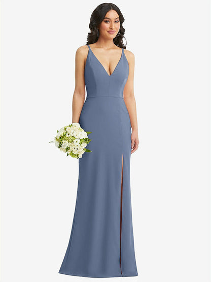 【NEW】【STYLE: TH112】スキニー ストラップ 深い Vネック クレープ トランペット ガウン フロント スリット【COLOR: Larkspur Blue】【SIZE: 00-30W】