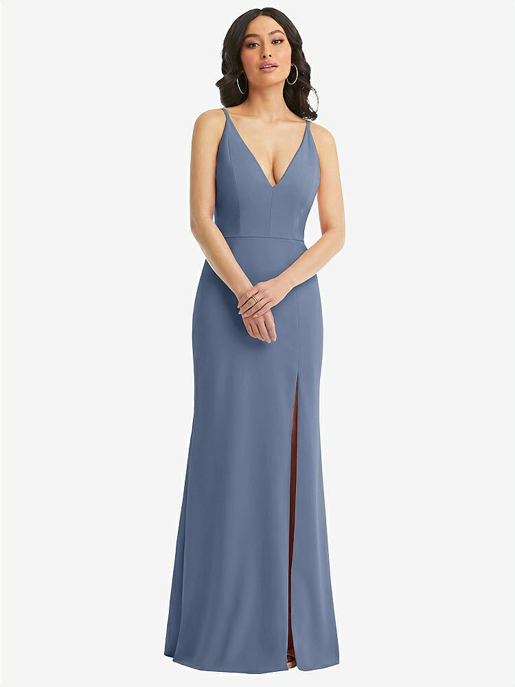 【NEW】【STYLE: TH112】スキニー ストラップ 深い Vネック クレープ トランペット ガウン フロント スリット【COLOR: Larkspur Blue】【SIZE: 00-30W】