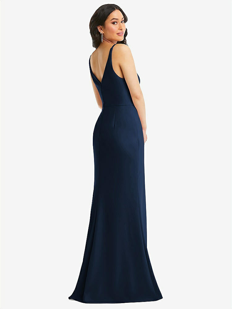 【NEW】【STYLE: TH112】スキニー ストラップ 深い Vネック クレープ トランペット ガウン フロント スリット【COLOR: Midnight Navy】【SIZE: 00-30W】