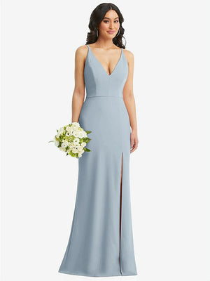 【STYLE: TH112】Skinny Strap Deep V-Neck Crepe Trumpet Gown with Front Slit【COLOR: Mist】