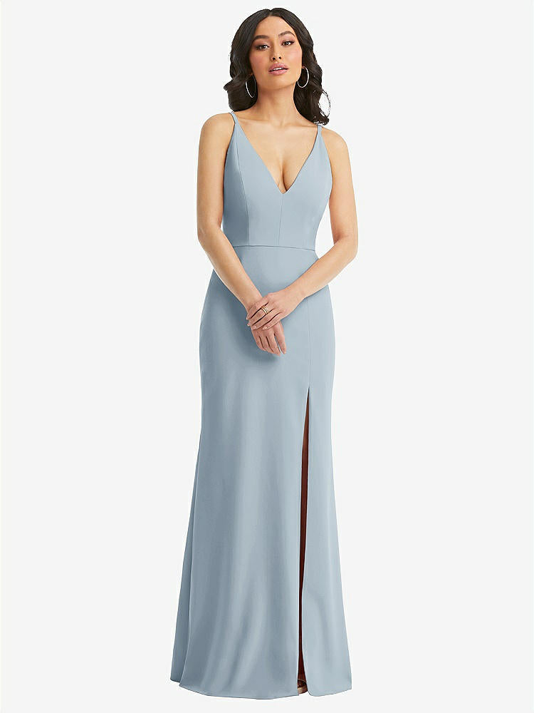 【STYLE: TH112】Skinny Strap Deep V-Neck Crepe Trumpet Gown with Front Slit【COLOR: Mist】