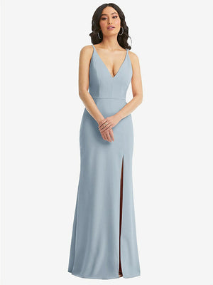 【STYLE: TH112】Skinny Strap Deep V-Neck Crepe Trumpet Gown with Front Slit【COLOR: Mist】