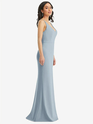 【STYLE: TH112】Skinny Strap Deep V-Neck Crepe Trumpet Gown with Front Slit【COLOR: Mist】