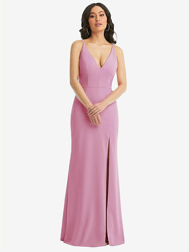 【STYLE: TH112】Skinny Strap Deep V-Neck Crepe Trumpet Gown with Front Slit【COLOR: Powder Pink】