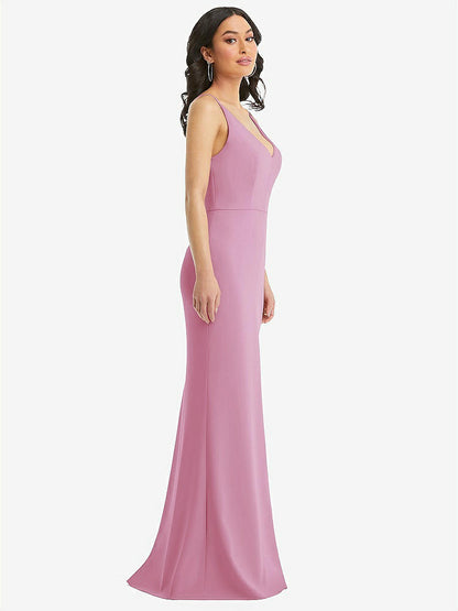 【NEW】【STYLE: TH112】スキニー ストラップ 深い Vネック クレープ トランペット ガウン フロント スリット【COLOR: Powder Pink】【SIZE: 00-30W】