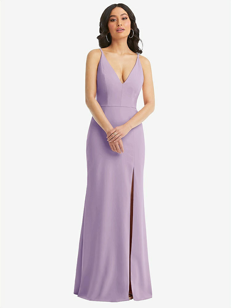 【NEW】【STYLE: TH112】スキニー ストラップ 深い Vネック クレープ トランペット ガウン フロント スリット【COLOR: Pale Purple】【SIZE: 00-30W】