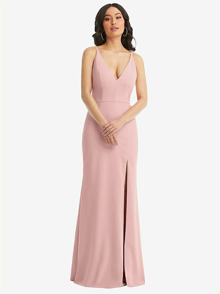 【NEW】【STYLE: TH112】スキニー ストラップ 深い Vネック クレープ トランペット ガウン フロント スリット【COLOR: Rose - PANTONE Rose Quartz】【SIZE: 00-30W】