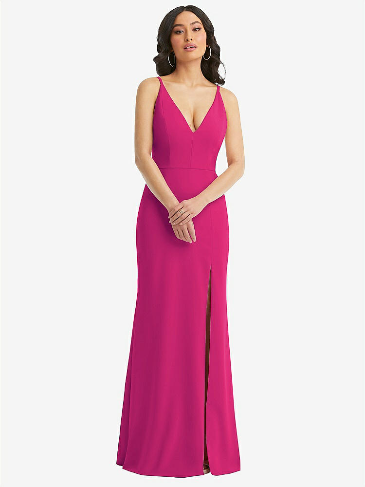 【STYLE: TH112】Skinny Strap Deep V-Neck Crepe Trumpet Gown with Front Slit【COLOR: Think Pink】