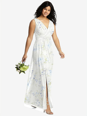 【STYLE: 2894】Sleeveless Draped Chiffon Maxi Dress with Front Slit【COLOR: Bleu Garden】