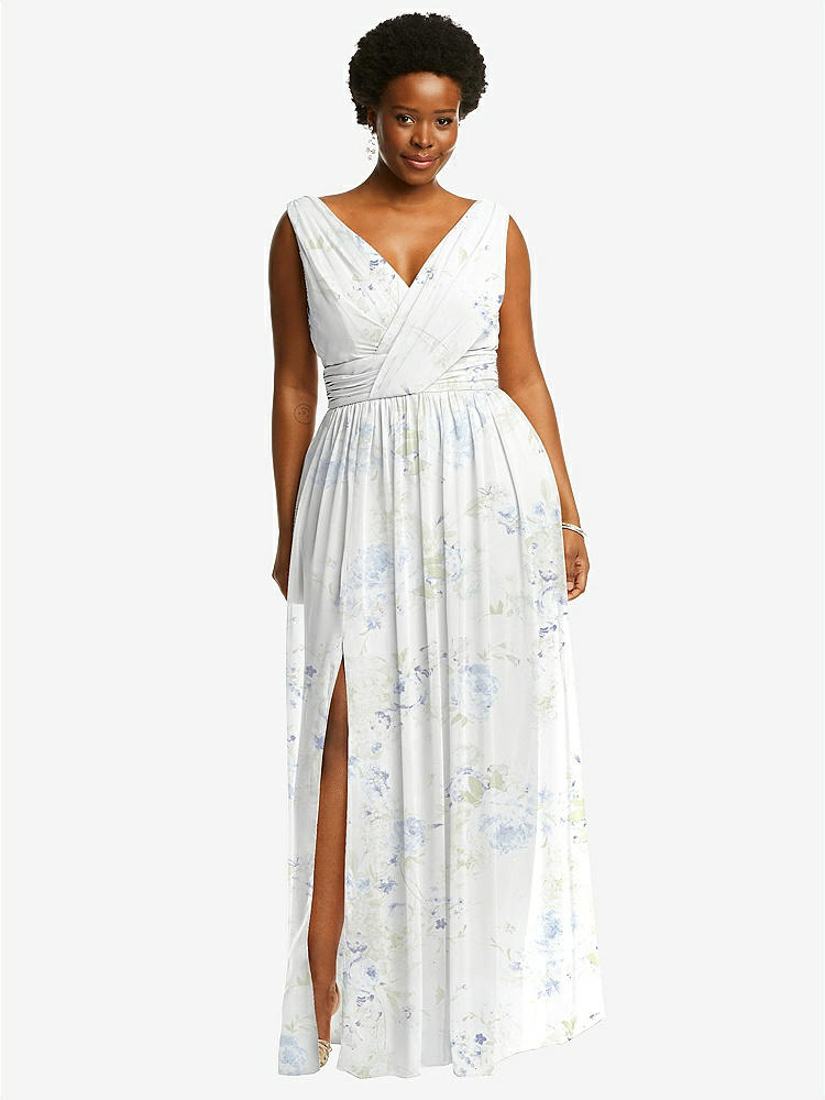 【STYLE: 2894】Sleeveless Draped Chiffon Maxi Dress with Front Slit【COLOR: Bleu Garden】