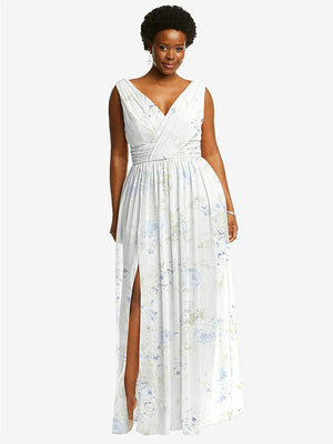 【STYLE: 2894】Sleeveless Draped Chiffon Maxi Dress with Front Slit【COLOR: Bleu Garden】