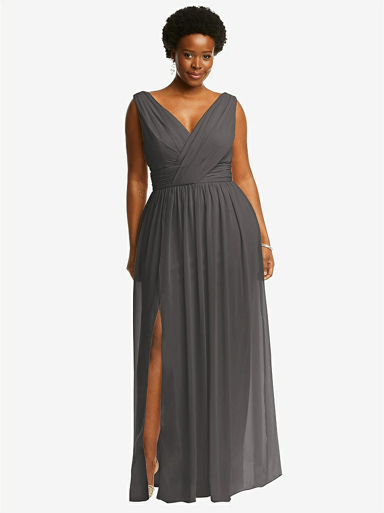 【STYLE: 2894】Sleeveless Draped Chiffon Maxi Dress with Front Slit【COLOR: Caviar Gray】