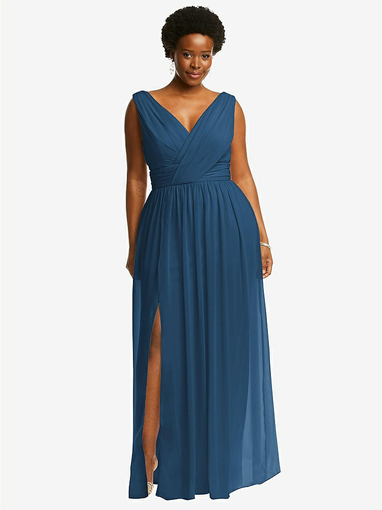 【STYLE: 2894】Sleeveless Draped Chiffon Maxi Dress with Front Slit【COLOR: Dusk Blue】