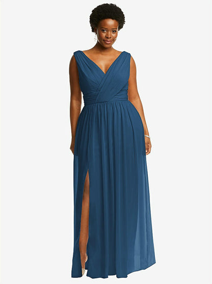 【STYLE: 2894】Sleeveless Draped Chiffon Maxi Dress with Front Slit【COLOR: Dusk Blue】