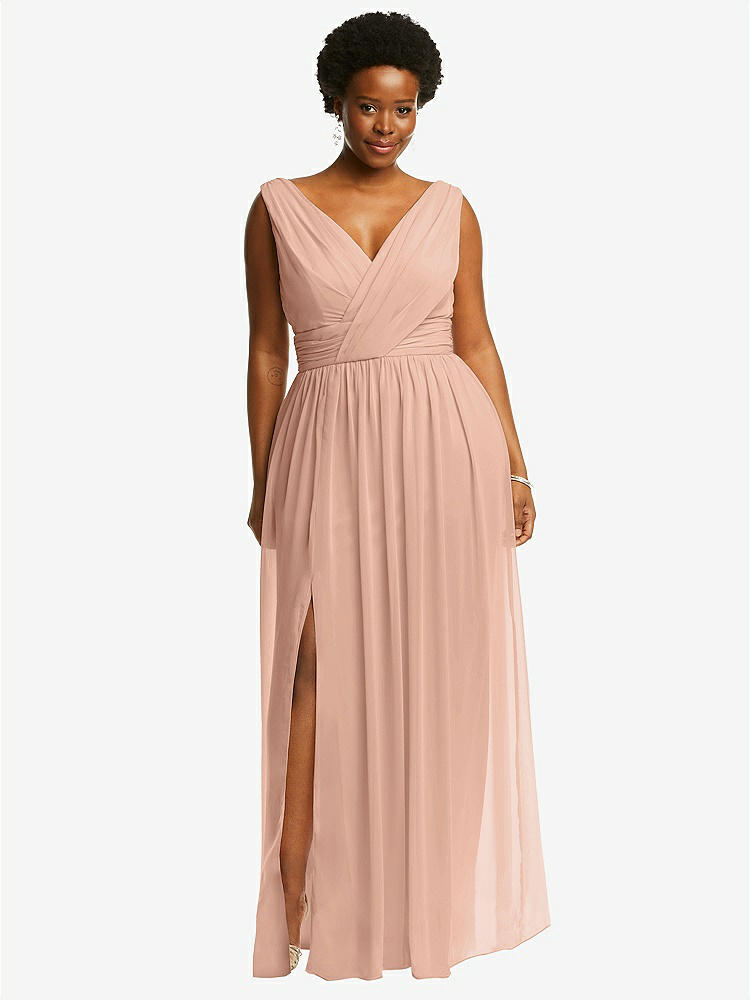 【NEW】【STYLE: 2894】ノースリーブ ドレープ シフォン マキシ ドレス 前面 スリット【COLOR: Pale Peach】【SIZE: 00-30W】