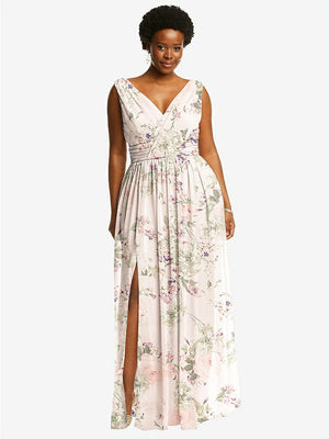 【STYLE: 2894】Sleeveless Draped Chiffon Maxi Dress with Front Slit【COLOR: Blush Garden】