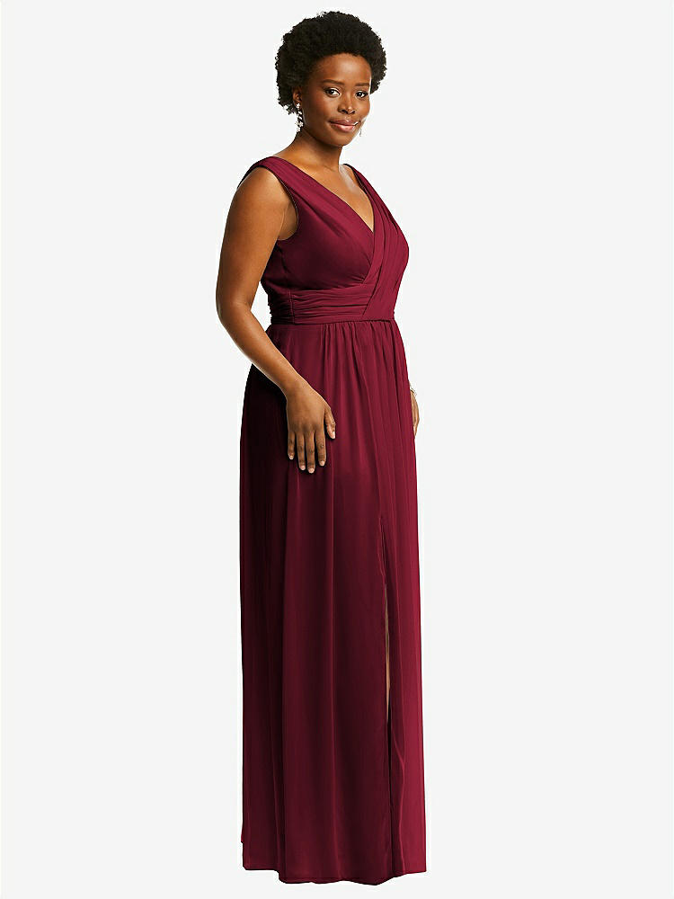 【STYLE: 2894】Sleeveless Draped Chiffon Maxi Dress with Front Slit【COLOR: Burgundy】