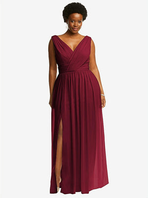 【STYLE: 2894】Sleeveless Draped Chiffon Maxi Dress with Front Slit【COLOR: Burgundy】