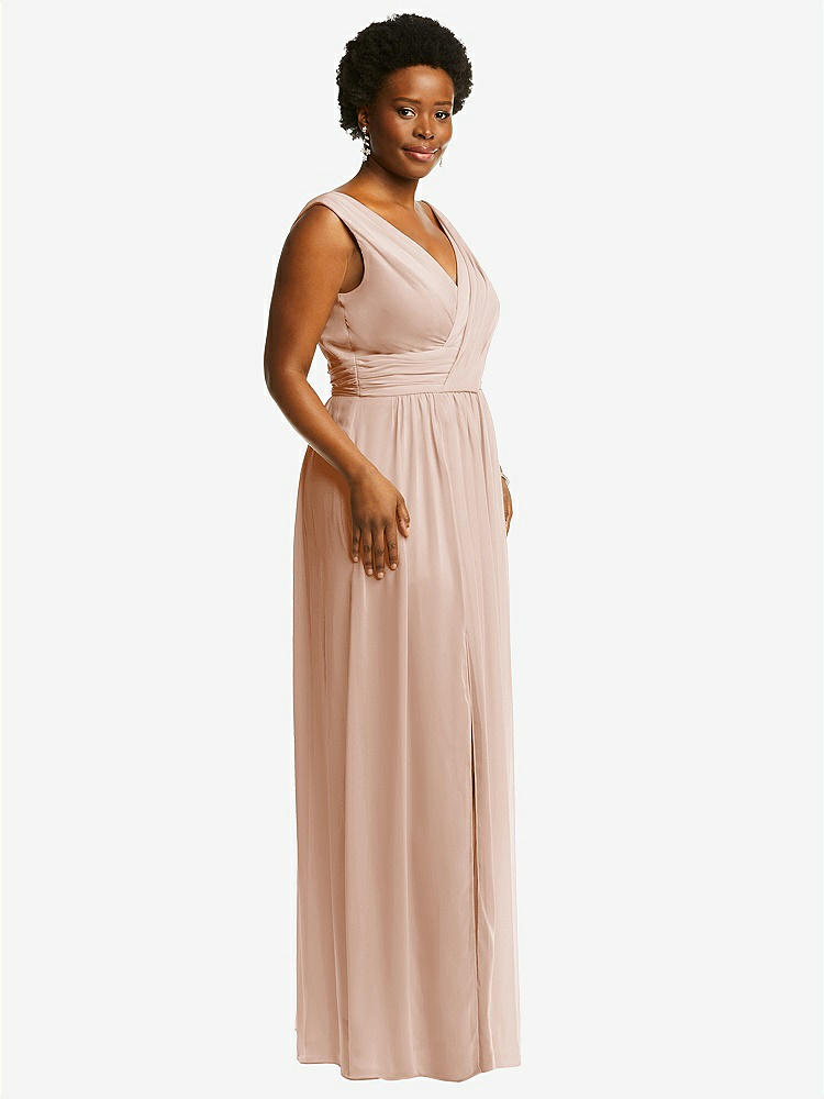 【STYLE: 2894】Sleeveless Draped Chiffon Maxi Dress with Front Slit【COLOR: Cameo】