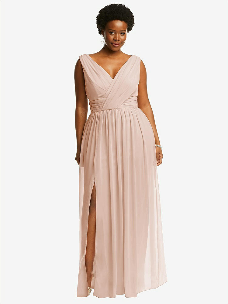 【STYLE: 2894】Sleeveless Draped Chiffon Maxi Dress with Front Slit【COLOR: Cameo】