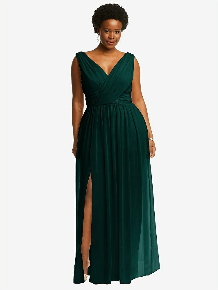 【STYLE: 2894】Sleeveless Draped Chiffon Maxi Dress with Front Slit【COLOR: Evergreen】