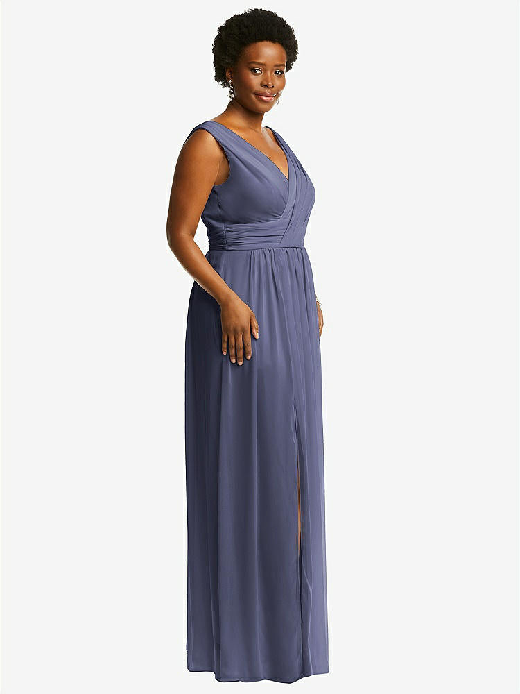 【STYLE: 2894】Sleeveless Draped Chiffon Maxi Dress with Front Slit【COLOR: French Blue】